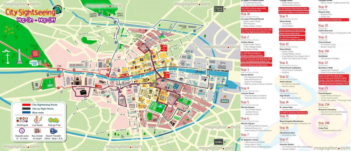 Mappa dei tour in autobus Hop On Hop Off a Dublino